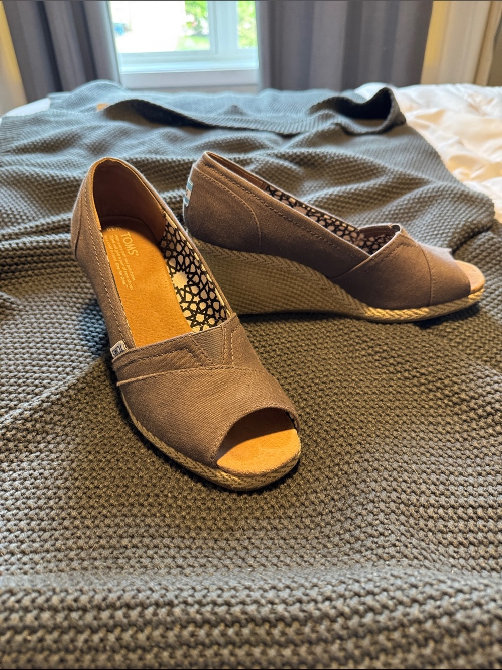 Toms Taupe Canvas Espadrille Wedge Peep-Toe